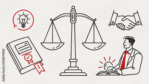 Black vector icons illustration depicting legal concepts with scales, handshake, book, lightbulb, and a man reading a book idea