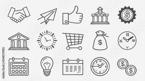 Black vector icons illustration featuring business and finance icons including handshake, plane, like, bank, money and timekeeping