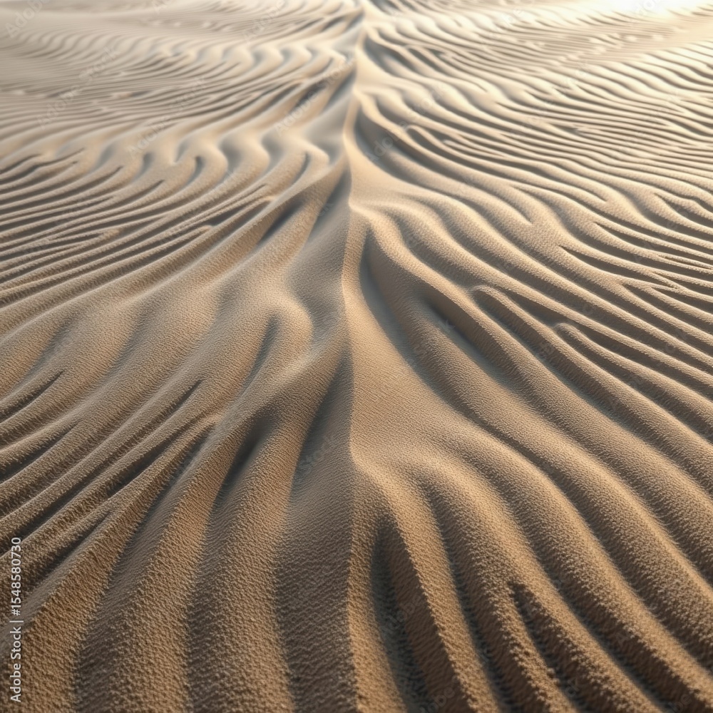 Fototapeta premium Close-up of intricate, wavy sand patterns formed by wind on a desert surface, showcasing texture and natural symmetry.