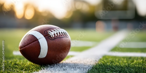 Closeup Of Classic Leather Football On Vibrant Green Grass, Its White Laces Prominent Warm, Shallow Background With Stadium Hints Suggests Quiet Anticipation Or Postgame Tranquility