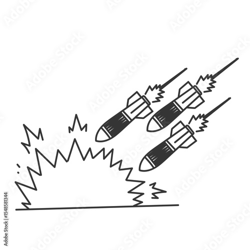 doodle missile and explosion in cartoon style