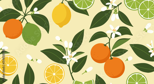 Citrus Fruit Pattern with Lemon Lime Orange and Blossoms on Branches.