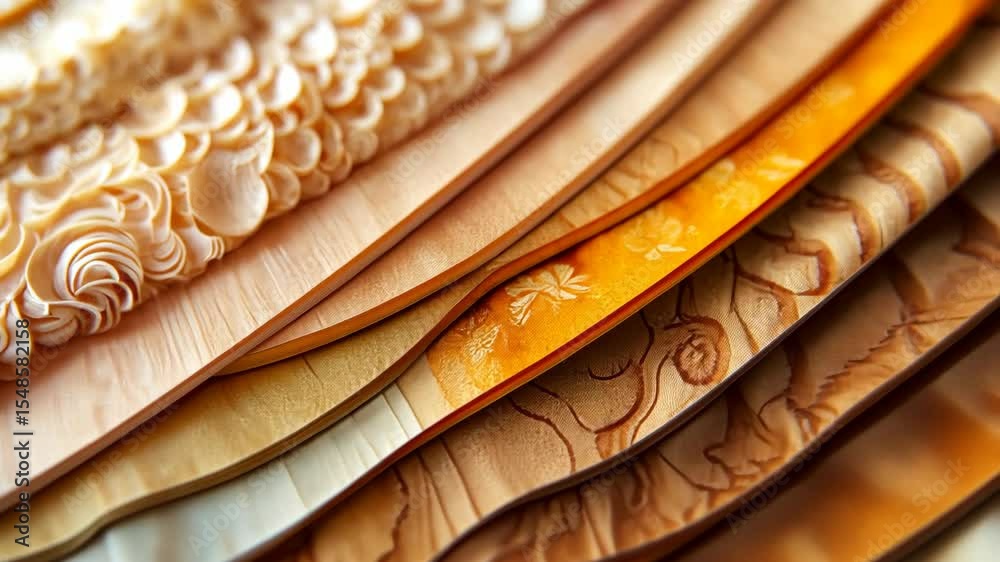 Stacked layers of patterned textured sheets in warm earth tones