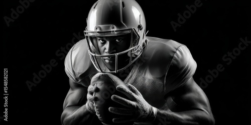 Striking Closeup Of An American Football Player In Dramatic, High contrast Black White Portrait Intense Focus Enhanced By Strong Low-key Lighting On His Helmet, Showcasing Powerful Athletic Prowess photo