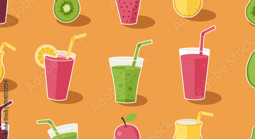 Colorful fruit smoothie pattern with kiwi watermelon lemon apple and mixed fruit drinks.