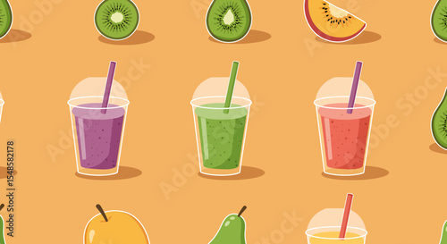 Colorful fruit smoothies and sliced kiwis pears and peaches in a seamless pattern.