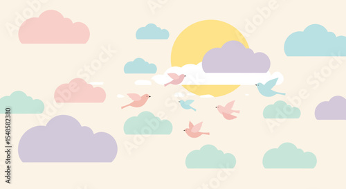 Pastel Sky Scene with Birds and Clouds Featuring a Yellow Sun.
