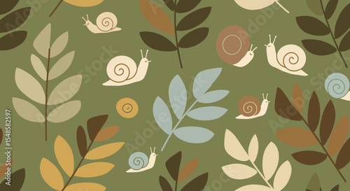 Playful snail and leaf pattern with earthy tones and whimsical design elements.