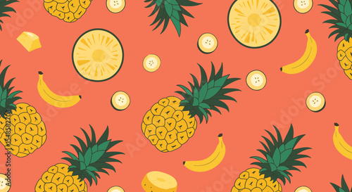 Playful Tropical Fruit Pattern with Pineapples Bananas and Pineapple Slices.