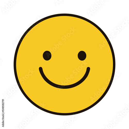 Simple yellow smiley face with black eyes and a curved mouth. Flat design symbolizing happiness, positivity, and friendly emotions.

