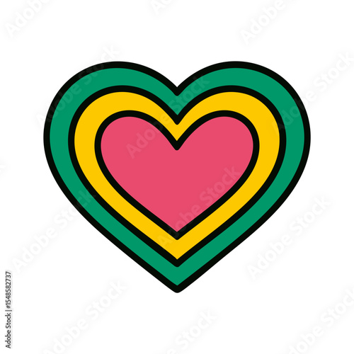 Colorful cartoon heart with layered stripes in pink, yellow, and green. Bold outline, simple flat style, symbolizing love and happiness.

