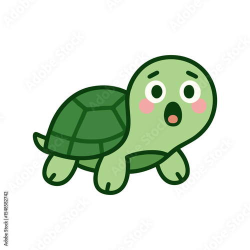 Cute cartoon turtle with green shell and light green body, showing a surprised expression with wide eyes and open mouth. Flat, vector design with pink cheeks.

