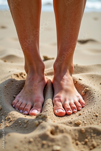 Bare feet standing on textured sandy beach with soft shadows and bright natural light.