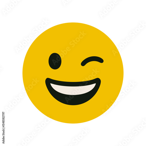Cheerful yellow smiley face with a big grin and one eye winking, drawn in a clean, modern emoji style.


