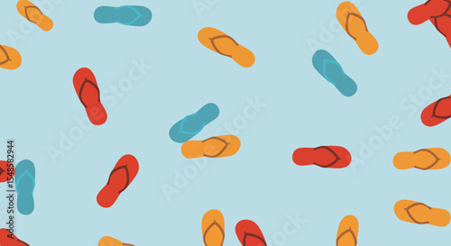 Scattered colorful flipflops pattern red orange and blue summer footwear.
