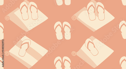 Seamless Pattern of FlipFlops and Rolled Towels in Muted Peach Tones.
