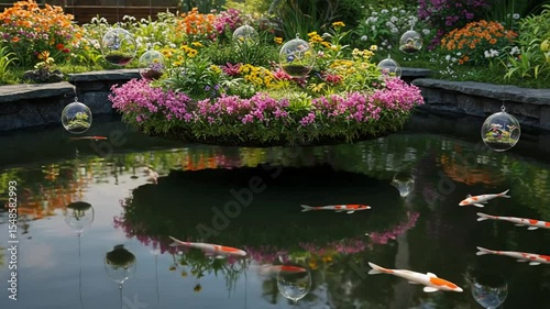 Wallpaper Mural Serene Garden Pond with Colorful Koi and Floating Orbs Torontodigital.ca