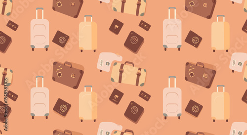 Seamless pattern of suitcases passports and luggage tags in muted earth tones.