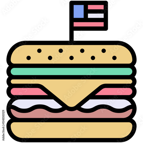 Hamburger With Cheese Lettuce And Tomato. Cheeseburger With USA Flag As American Food Symbol, Fourth Of July Icon, Vector Style Lineal color Icon.	
