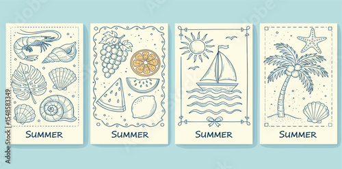 Hand drawn summer poster set. Dolce vita concept. Modern prints with palm tree, sun, fruits, seashells, vacation and beach icons. Minimalist line art. Vector illustration for invitations, prints. 