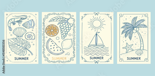 Hand drawn summer poster set. Dolce vita concept. Modern prints with palm tree, sun, fruits, seashells, vacation and beach icons. Minimalist line art. Vector illustration for invitations, prints. 