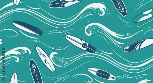Stylized Surfboards and Waves Pattern in Teal and White.