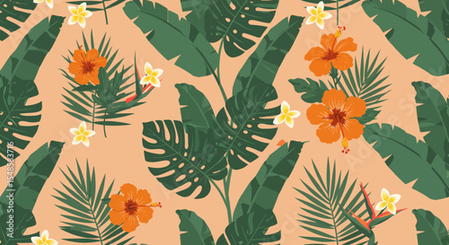 Tropical Floral Pattern with Hibiscus Plumeria Palm and Monstera Leaves.