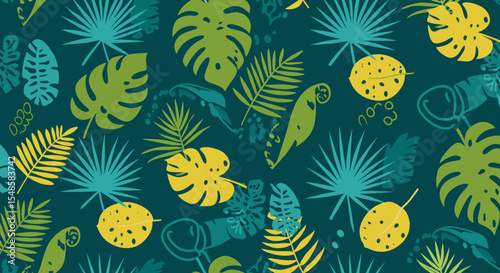 Tropical Foliage and Fruit Pattern with Parrot Silhouette on Dark Teal.