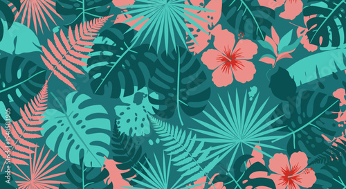 Tropical Foliage Pattern Hibiscus Flowers Palm Fronds and Monstera Leaves.