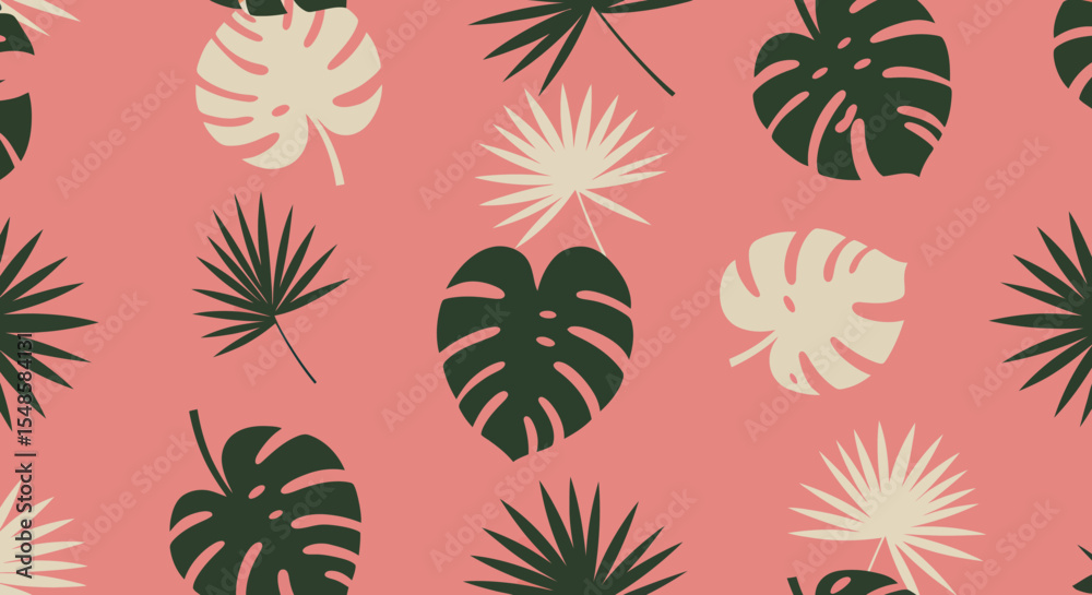 Fototapeta premium Tropical Leaf Pattern with Monstera and Palm Fronds on Salmon Background.