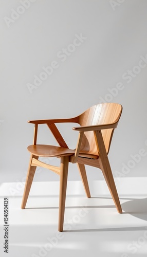A modern wooden chair with a smooth finish, featuring a curved backrest and angled legs, set against a minimalist light gray background.