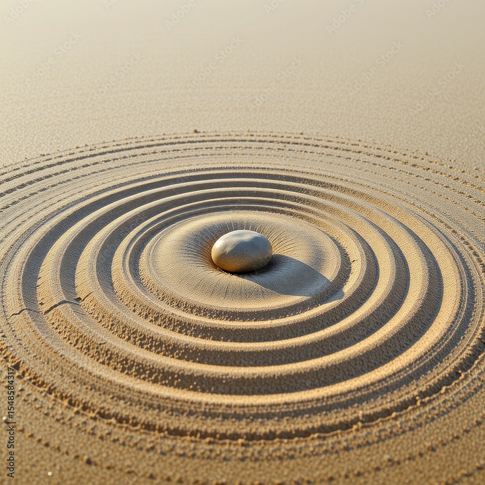 Naklejka premium A smooth stone is centered in concentric circles raked in fine sand, evoking calm and Zen garden aesthetics.