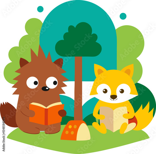 Cartoon forest scene with foxes and hedgehogs reading books, vector art with white background.