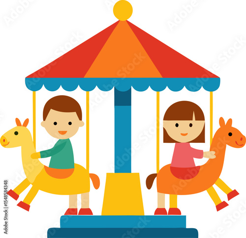 Kids on a carousel with animal-shaped seats, vector illustration with white background.