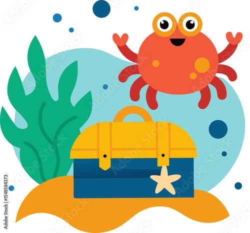 Underwater treasure hunt with crab and starfish, whimsical vector with white background.