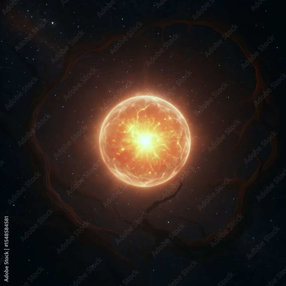 Obraz premium A celestial light show featuring a glowing sun and planet set against the dark, expansive cosmos