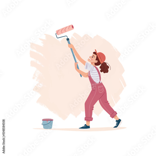 Painting with a Roller: A skilled painter in a vibrant pink outfit is meticulously applying a coat of paint on a wall with a roller, capturing the essence of home renovation.