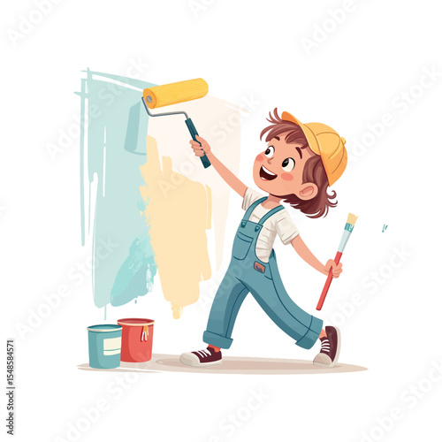 Joyful Painting: An imaginative child, donned in overalls and a cap, brings a wall to life with vibrant color, painting with enthusiasm and creativity.