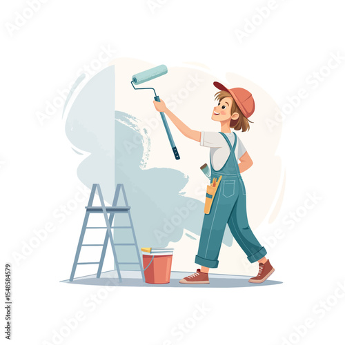 The Painter's Brushstroke: A skilled painter, clad in work attire, meticulously applies a fresh coat of paint to a pristine wall, using a roller and brush.