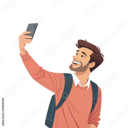 Selfie Time: A young, cheerful individual captures a selfie, showcasing a radiant smile. He stands out in a vibrant, lifelike depiction.