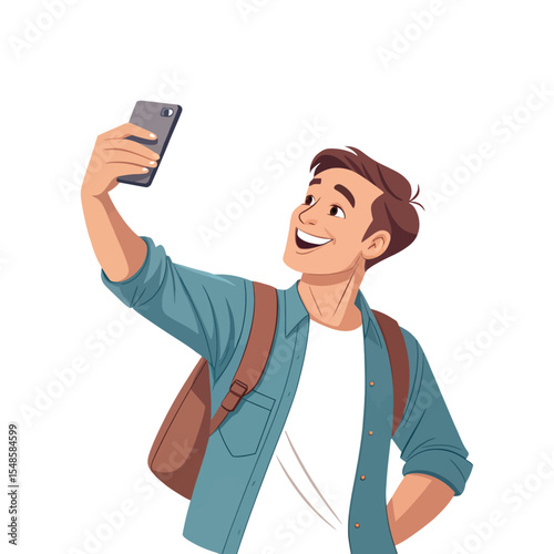 Happy Traveler Taking Selfie: A smiling young man with a backpack takes a selfie with his smartphone, radiating happiness and a sense of adventure. 