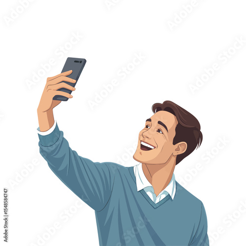 Smiling selfie: An attractive man with a radiant smile, captured in a photorealistic selfie moment, holding his mobile phone. 