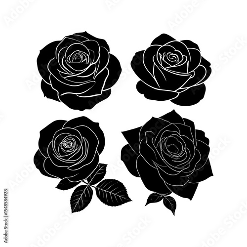 Black Rose Silhouettes: Elegant collection of four black rose silhouettes, perfect for design projects needing a touch of classic beauty.  Each rose is uniquely rendered.