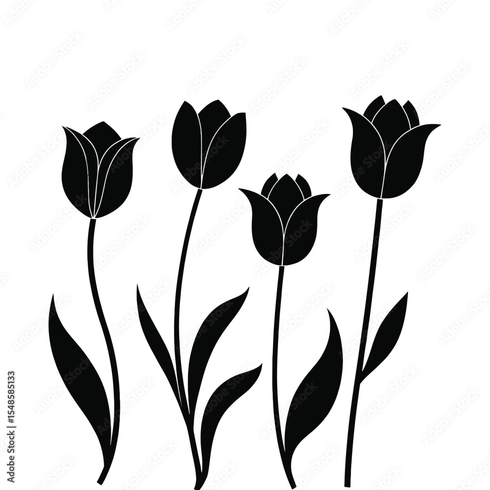 Obraz premium Silhouette of Tulip Bloom: A stunning monochrome silhouette of a bouquet of tulip flowers, their graceful forms standing out with elegant stems and delicate petals.