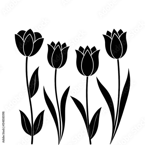 Elegant Tulip Silhouettes: A minimalist artistic rendering, presenting four refined tulip silhouettes in striking black against a pristine backdrop, creating a timeless and adaptable visual element.