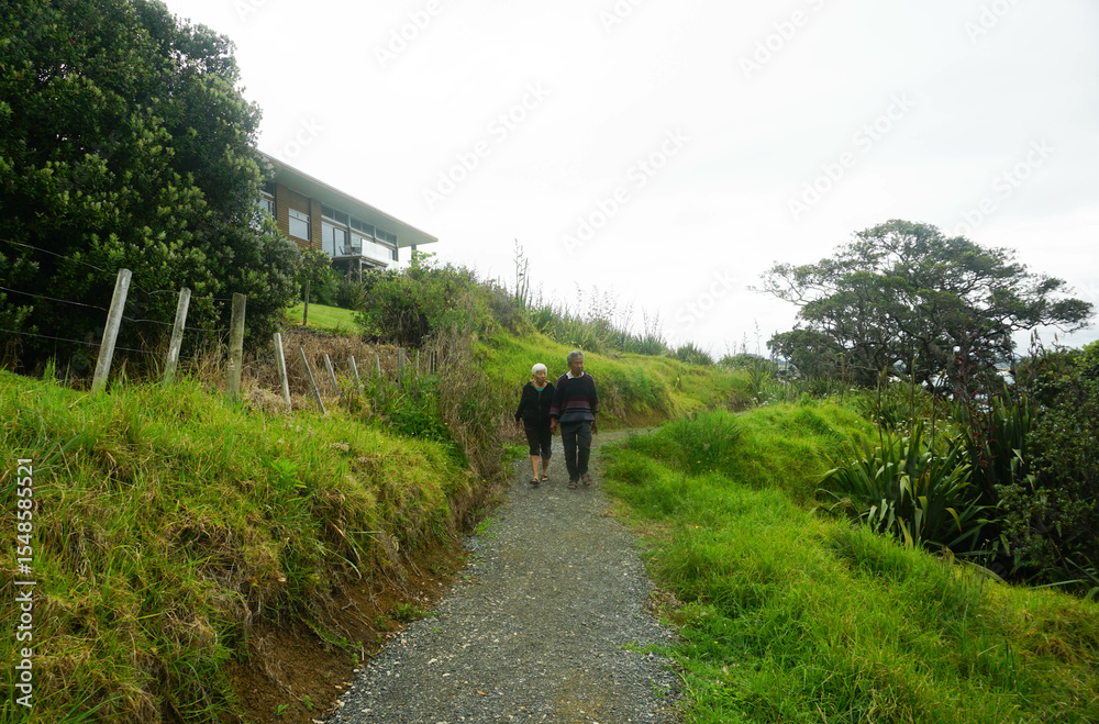 Fototapeta premium Tourist walking around Waipu pancake rocks in Waipu, New Zealand. 