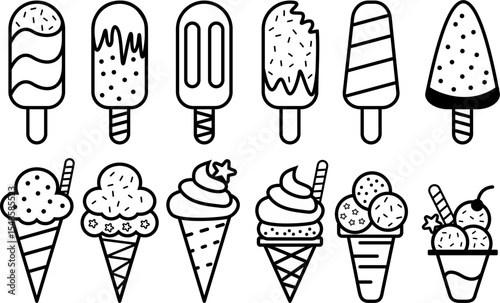 ICE CREAM CONE VECTOR SYMBOL ICON SET OUTLINE BLACK