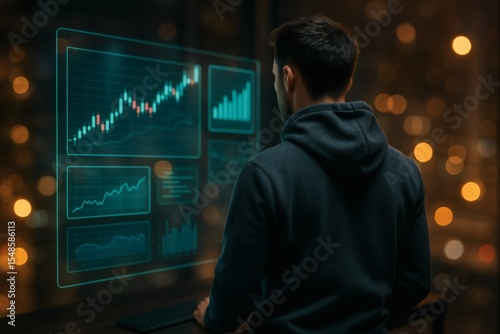 Futuristic Workspace with Crypto Charts and Ambient Lighting