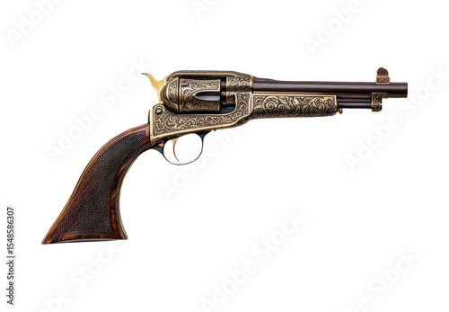 Ornate Vintage Revolver with Intricate Design and Wooden Grip