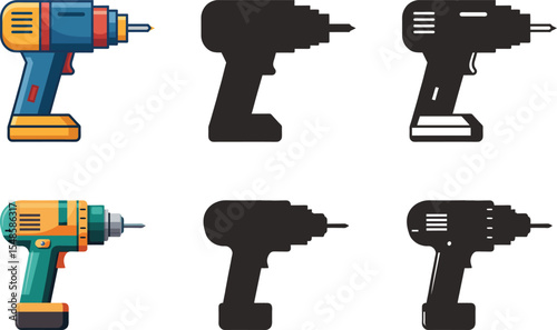 Cordless drills in color and silhouette illustrations handy tools for DIY projects
